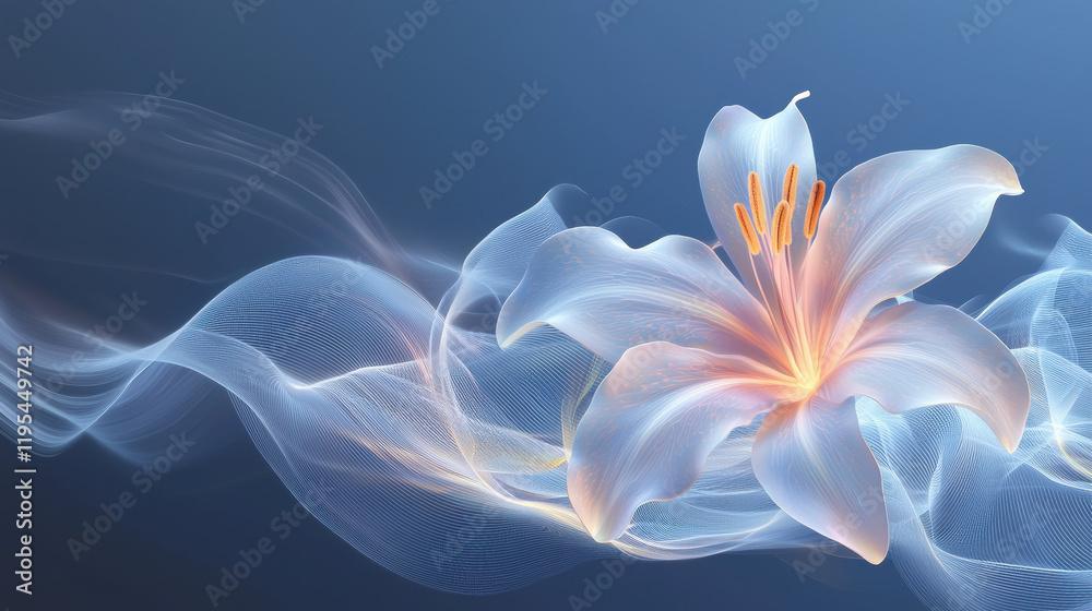 Poster delicate white lily flower with soft waves of light in background, creating serene and calming atmosphere