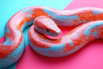 Fototapeta premium A Vibrant and Artistic Close-Up of a Colorful Snake Coiled on Bright Geometric Backgrounds in Blue and Pink Hues, Perfect for Eye-Catching Visuals