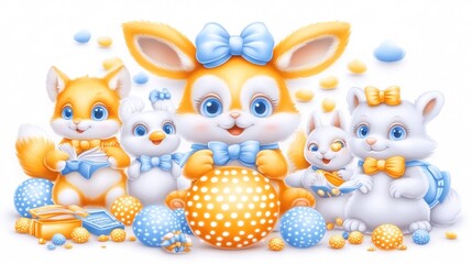Cute cartoon animals, bunny, fox, chicks, and rabbits with Easter eggs and candies.