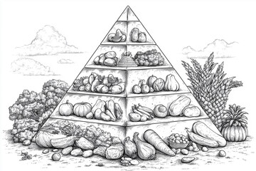 Food pyramid representing healthy eating habits and national nutrition month coloring page