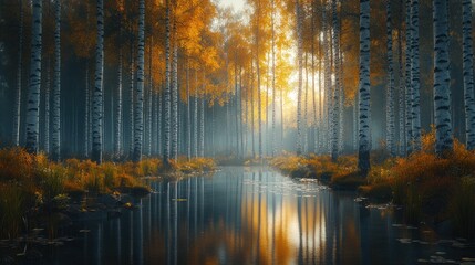 Autumnal forest stream, sunbeams reflecting on water, tranquil fall scene.