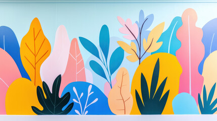 Bright and colorful mural featuring abstract plants and leaves in various shapes and colors, creating vibrant atmosphere
