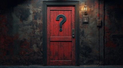 A set of three rustic blue wooden doors, each marked with a large question mark, surrounded by a mysterious and overgrown atmosphere.