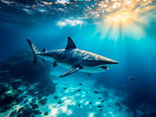 Obraz premium Ocean shark bottom view from below.
