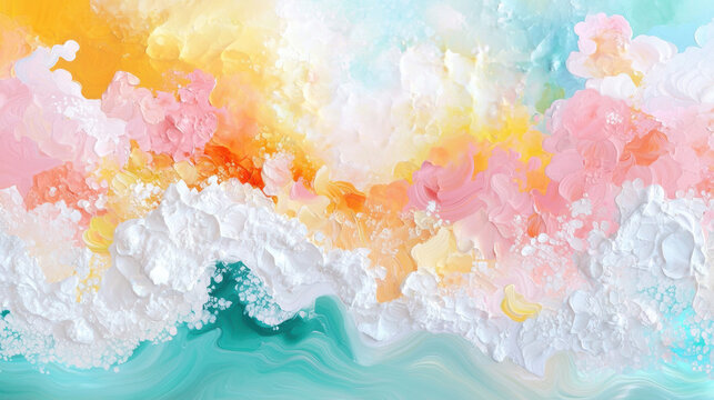 Vibrant abstract painting with soft pastel colors and textured waves