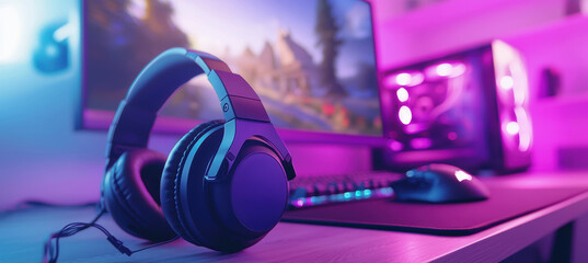 Custom-Branded Gaming Headset on Desk with Mechanical Keyboard and Ambient Lighting