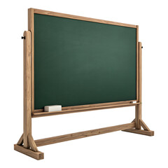 Obraz premium Blank green chalkboard, wooden frame, rectangular, school blackboard, empty, clean slate, educational backdrop, classroom setting, textured surface, vintage teaching tool, isolated on white background