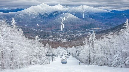 Snow-covered mountain range with ski lift and skiers descending a slope.