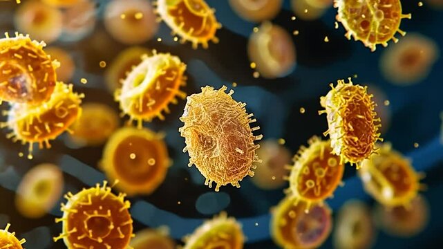Microscopic view of vibrant, floating pollen grains in detail.
