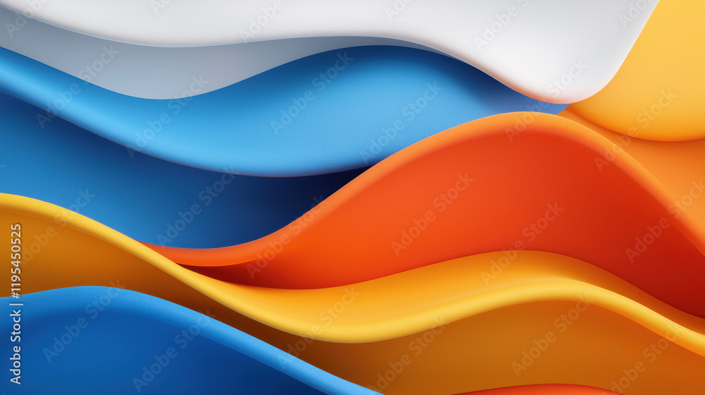 Poster Smooth waves of vibrant colors create dynamic abstract background. flowing patterns in blue, orange, and white evoke sense of movement and energy