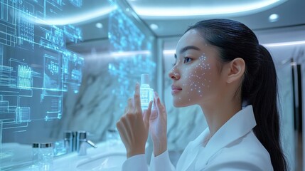 Futuristic Skinminimalism Chrome-Accented Bathroom with Holographic Packaging and Multifunctional Serum - Enhancing Skincare Innovation for Tech-Savvy Professionals