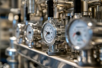 Close-Up View of Industrial Pressure Gauges