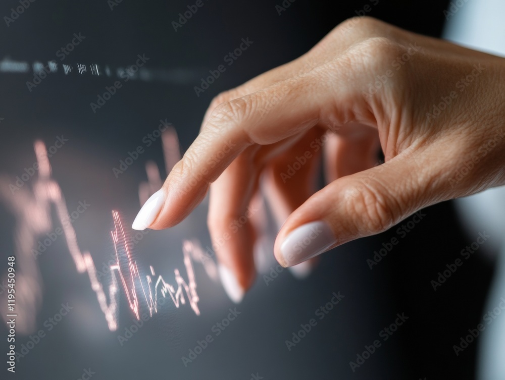 Aufkleber Interactive Futuristic Tech Display Womans Hand Engaging with Digital Data Visualization on a Sleek Screen - Modern Business Intelligence and Data Analytics Tool for Corporate Innovation