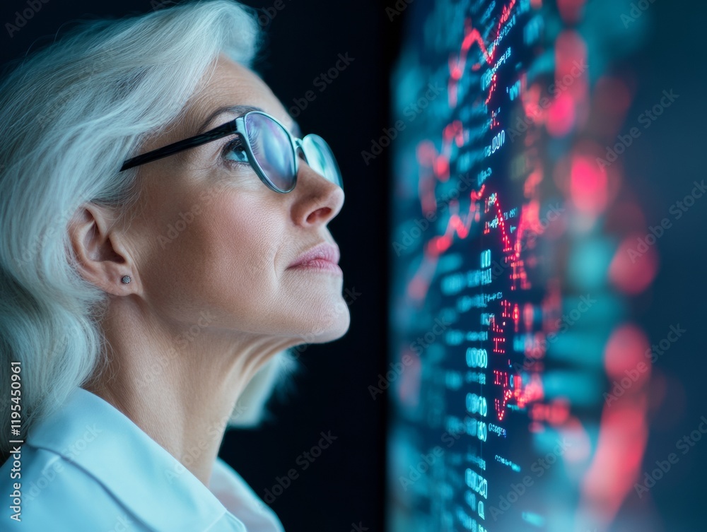 Aufkleber futuristic business presentation senior woman in professional attire engages with interactive data v