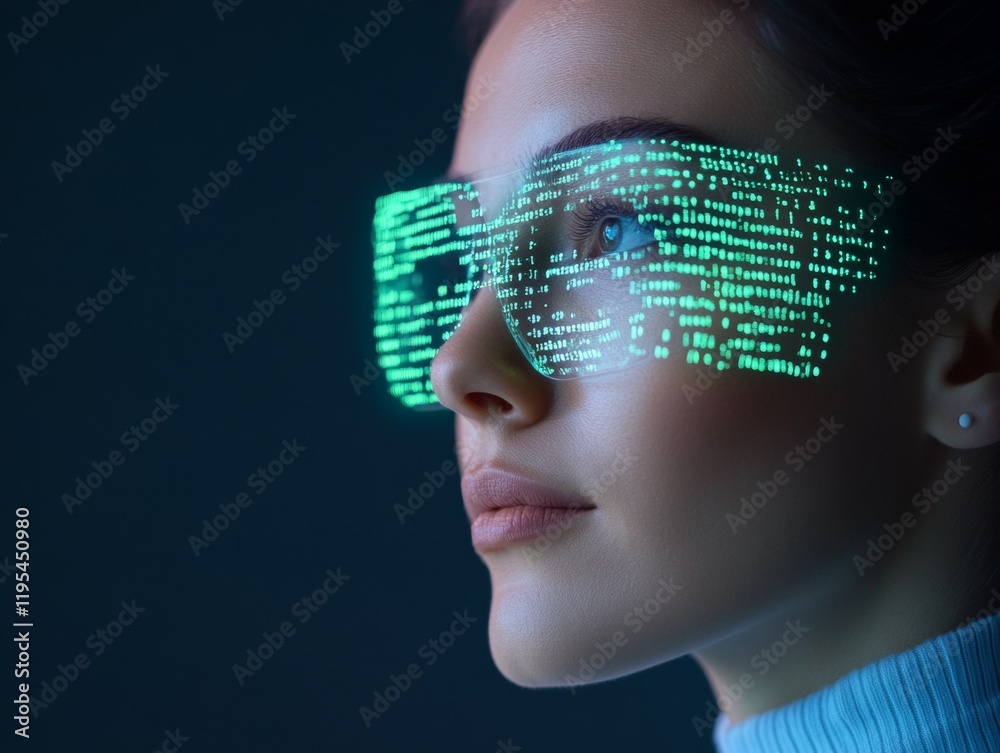 Fototapete Futuristic Tech Visualization Woman in Smart Glasses with Digital Interface - Innovative Business Intelligence and Data Analytics Enhancement for Professional Marketing Strategies