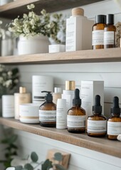 Skinminimalism in Contemporary Home Decor Sleek Glass Bottles with Minimalist Skincare on Wooden Shelves for Modern Wellness and Aesthetic Merchandising