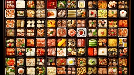 Fototapeta premium Assorted Asian cuisine dishes in small containers, arranged in a grid pattern.