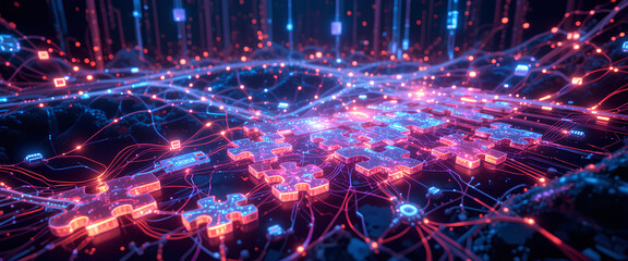 Futuristic digital network of glowing puzzle pieces showcasing connectivity, collaboration, problem-solving, and innovation
