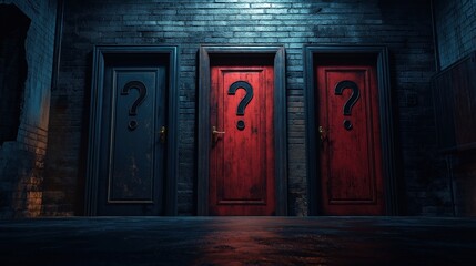 A set of three rustic blue wooden doors, each marked with a large question mark, surrounded by a mysterious and overgrown atmosphere.