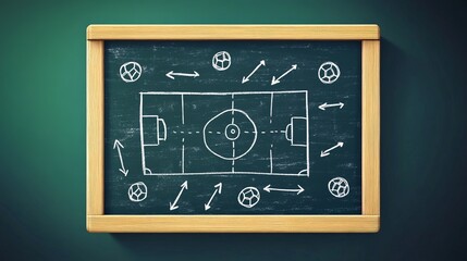 A tactical soccer strategy design featuring a chalkboard with arrows illustrating an offensive play on a field. Classy vector blackboard illustration showcasing game plans for football management