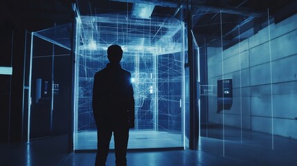 Fototapeta premium Silhouetted figure observes vibrant blue digital cube glowing intensely in dark modern space. AI Generated