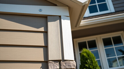 Fototapeta premium Modern House Exterior with Beige Siding and Stone Accents. High-quality image showcasing contemporary home design, siding materials, and architectural details.