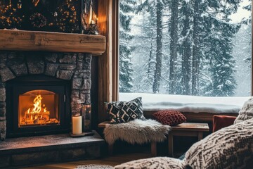 Cozy Living Room with Warm Fireplace in Winter Scene