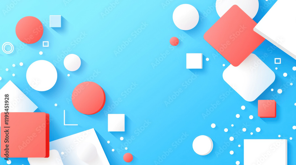 Poster Bright geometric shapes in red and white on blue background create modern design
