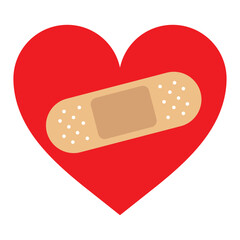Red Heart fixed with a plaster patch, vector illustration icon or logo, fixed broken heart concept, breakup or divorce, heartbreak regret, separated couple, tragic love.