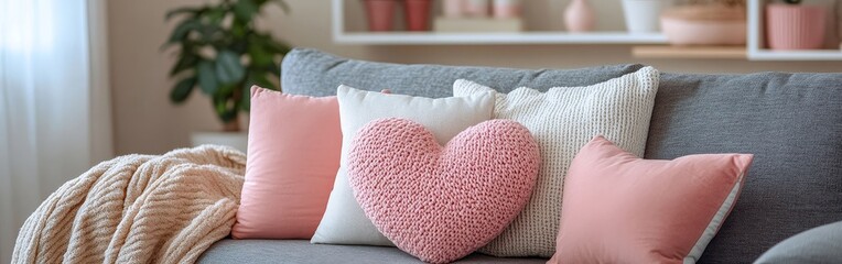 Pink and white heart-shaped throw pillows on a cozy couch. Perfect for Valentine's Day decor, romantic themes, and lifestyle photography.