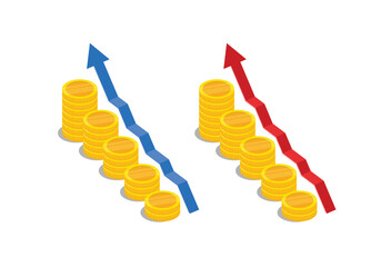 Set of isometric blue up arrow and coin stacks. Financial success and growth concept. Vector illustration isolated on white background