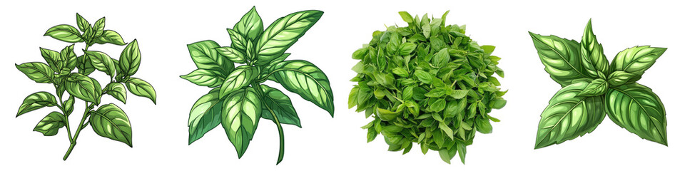 Obraz premium Fresh basil – Fresh leaves of the basil plant, used as a topping for flavor and garnish. Isolated on Clear White Background Highly Detailed