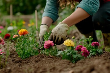 Fototapeta premium Gardener tending to colorful flowers in a sunny garden during springtime