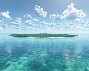 An island chain in the middle of a calm sea, with emerald waters and scattered clouds