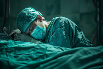 In a sterile operating room, a surgeon sleeps near the operating table, very tired after performing a complex operation