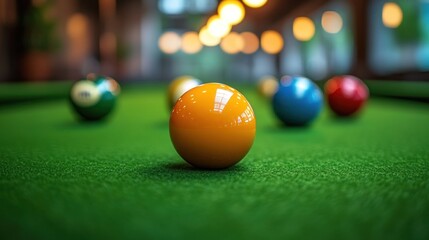 Billiards table with colorful balls.
