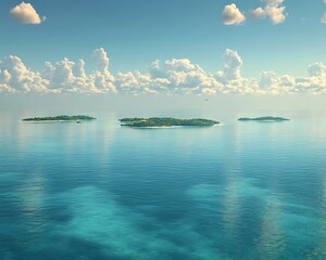 An island chain in the middle of a calm sea, with emerald waters and scattered clouds
