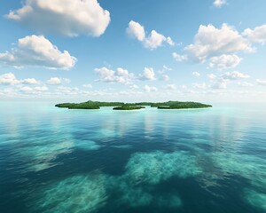 An island chain in the middle of a calm sea, with emerald waters and scattered clouds