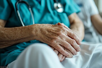 Cinematic Compassion Soft Light on Elderly Patients Hand Held by Nurse in Hospital Professional Healthcare Imagery and Emotional Connection for Medical Marketing