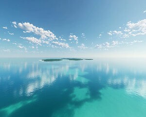 An island chain in the middle of a calm sea, with emerald waters and scattered clouds