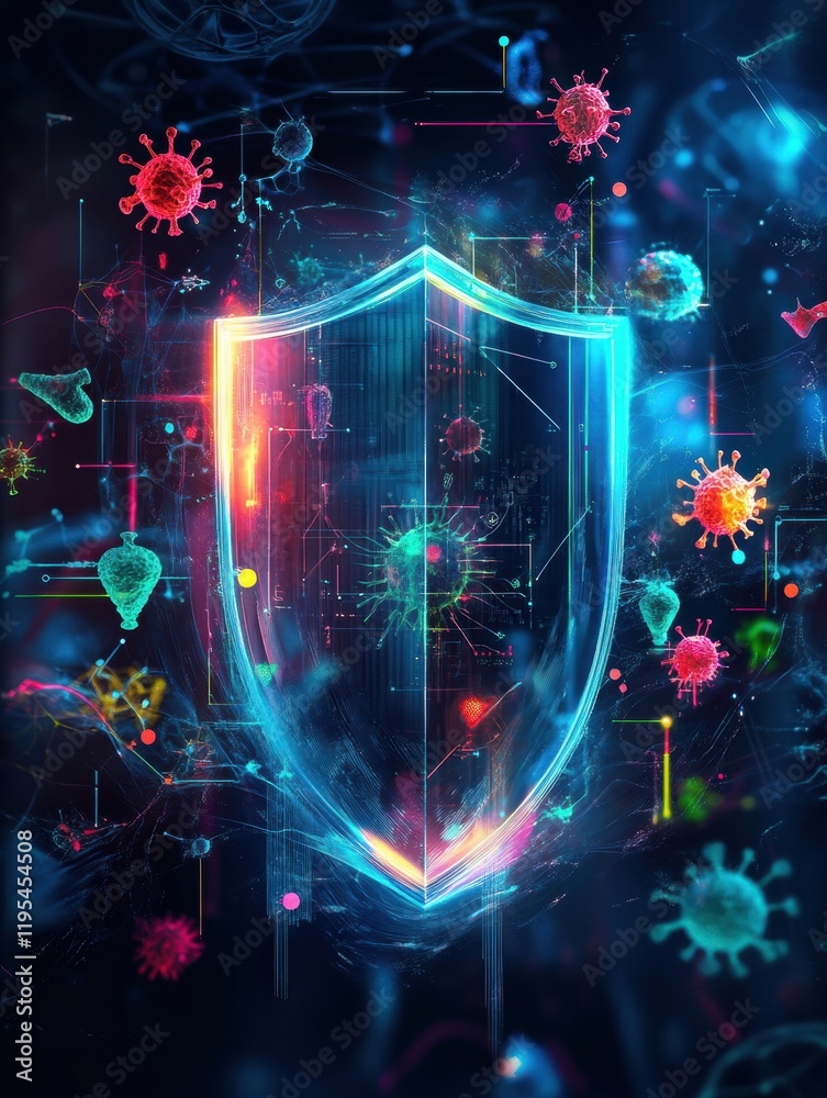 Leinwandbilder shield protecting against microbes and pathogens in a digital environment with vibrant colors and de