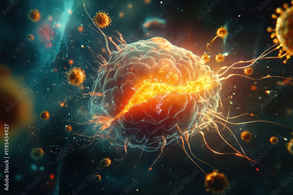 Aufkleber magnified view of a human cell under attack by a virus in a dynamic, biological environment. generat