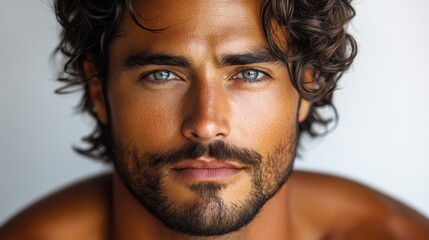 Close-up portrait of a young man with curly hair and striking blue eyes against a neutral background