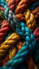 Vibrant braided ropes symbolizing teamwork, unity, and collaboration with textured patterns and diverse colors