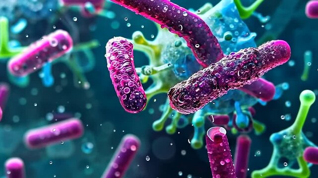 Vibrant close-up of bacteria in a microscopic environment.