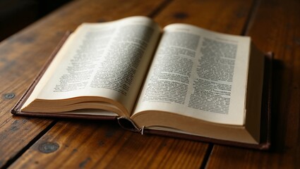 Obraz premium Open book resting on wooden table, showcasing pages filled with text in soft natural light 