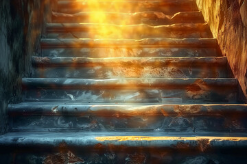 Naklejka premium A detailed image of ancient stone steps bathed in the warm glow of the setting sun, creating a mystical and serene atmosphere