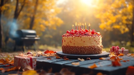 Birthday cake outdoors with gifts and autumn leaves.