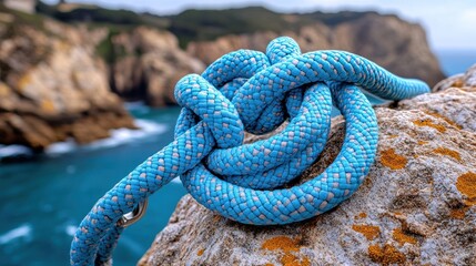 Blue rope tied in a knot on a rock near the ocean.