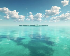 An island chain in the middle of a calm sea, with emerald waters and scattered clouds